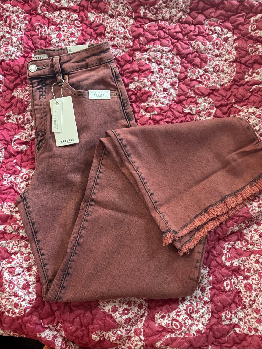 Artemis Design Co. Rose Brick Flare Jeans with Frayed Hem